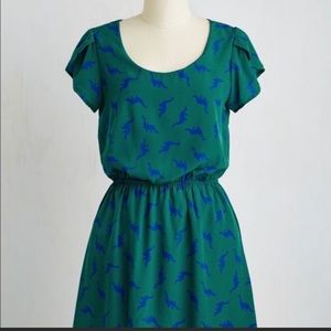 Cute dinosaur print dress from ModCloth. Goes in at the waist and comfy fabric